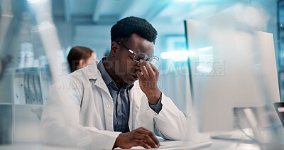 Buy stock photo Doctor, man and computer with headache in laboratory, medical compliance and burnout for deadline. Stress, male person and scientist with migraine for research results, eye strain and pain in clinic