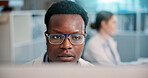 Computer, reading and black man in laboratory for research, development or science ideas. Online analytics, vaccine and scientist on website for medical study, innovation and biotech engineering