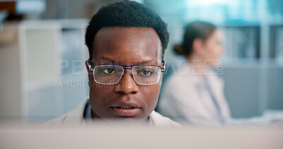Buy stock photo Computer, reading and black man in laboratory for research, development or science ideas. Online review, vaccine and scientist on website for medical study, innovation and biotech engineering