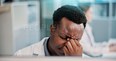 Buy stock photo Healthcare, man and doctor with headache for stress, medical compliance and burnout for deadline. Computer, male person and physician with migraine for diagnosis mistake, fatigue and pain in clinic