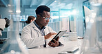Science, check or man with tablet in laboratory for medical research, discovery or genes innovation, DNA study, scientist or biologist with pharmaceutical report for futuristic genetic development