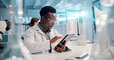 Buy stock photo Science, check or man with tablet in laboratory for medical research, discovery or genes innovation. DNA study, scientist or biologist with pharmaceutical report for futuristic genetic development