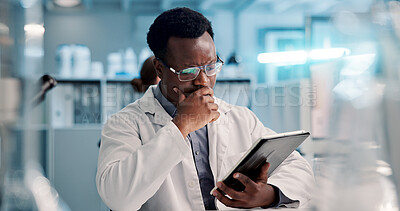 Buy stock photo Science, thinking or man with tablet in laboratory for medical research, discovery or genes innovation, Ideas, scientist or biologist with pharmaceutical report for futuristic genetic development