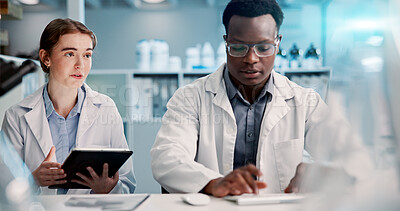 Buy stock photo Tablet, scientist and team discussion for medical healthcare, innovation and typing results. Computer, science research and collaboration with people in laboratory for planning chemistry experiment