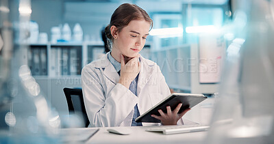 Buy stock photo Science student, thinking or woman on tablet in lab for medical research, discovery or genes info, Girl, learning or intern scientist reading pharmaceutical report for futuristic genetic development