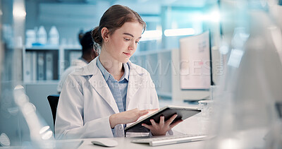 Buy stock photo Science, student or woman on tablet in lab for medical research, discovery or genes info, Girl, learning or scientist intern reading pharmaceutical report online for futuristic genetic development
