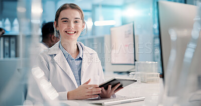 Buy stock photo Science, student or portrait of woman in lab for medical research, discovery or genes info. Tablet, learning or scientist intern with pharmaceutical report online for futuristic genetic development