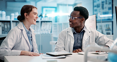 Buy stock photo Smile, scientist and team talk in lab for medical breakthrough, innovation or solution. Planning, science research and collaboration with people for chemistry experiment, test or development at night