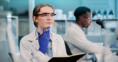 Buy stock photo Science, woman and notebook with thinking in laboratory for medical study, clinical trial and experiment results. Research intern, goggles and solution for genetic innovation or pharmaceutical report