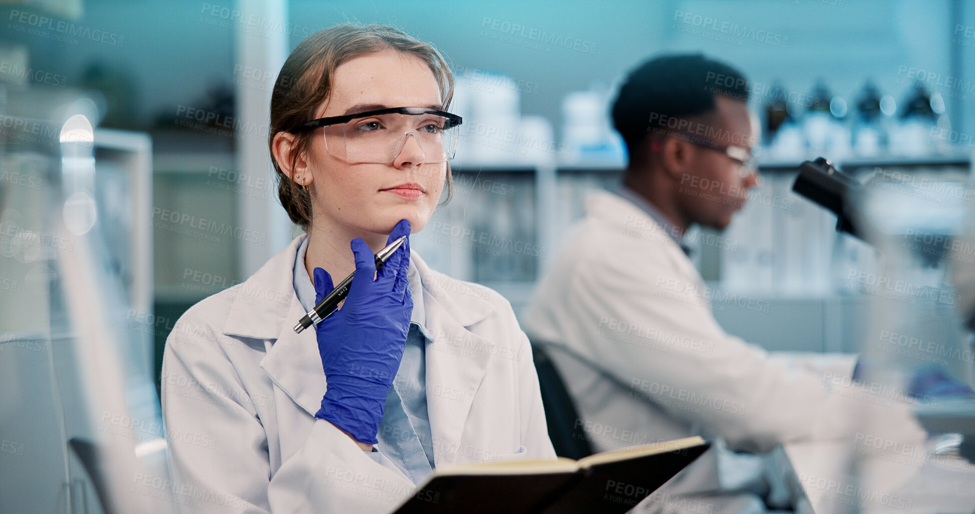 Buy stock photo Science, woman and notebook with thinking in laboratory for medical study, clinical trial and experiment results. Research intern, goggles and solution for genetic innovation or pharmaceutical report