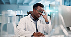 Computer, man and doctor with headache for stress, medical compliance and burnout in healthcare. Hospital, male person and physician with migraine for diagnosis mistake, fatigue and pain in clinic