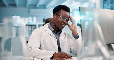 Buy stock photo Computer, man and doctor with headache for stress, medical compliance and burnout in healthcare. Hospital, male person and physician with migraine for diagnosis mistake, fatigue and pain in clinic