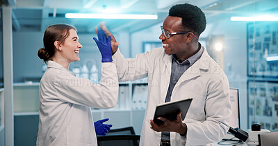 Buy stock photo Science, research and people with high five, tablet or support with vaccine development. Employees, gesture or scientists in lab, biotech or medical achievement with breakthrough or email for funding