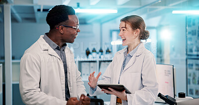 Buy stock photo Excited, science team and research in lab for medical breakthrough, innovation or solution. Scientist, tablet or collaboration with people for chemistry experiment, discussion or development at night