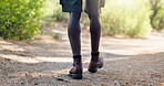 Hiking, walking and legs of man in nature for adventure, trekking and travel outdoors. Forest, fitness and closeup of person for wellness, fresh air and exercise to explore on holiday and vacation