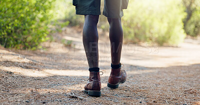 Buy stock photo Hiking, back and legs of man in nature for adventure, trekking and travel outdoors. Forest, fitness and person for wellness, fresh air and exercise on path to explore on holiday, trip and vacation
