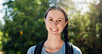 Hiking, happy and portrait of woman in nature with backpack for adventure, trekking and travel. Countryside, fitness and person with smile for wellness, fresh air and exercise to explore outdoors