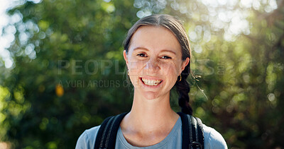 Buy stock photo Hiking, happy and portrait of woman in nature with backpack for adventure, trekking and travel. Countryside, fitness and person with smile for wellness, fresh air and exercise to explore outdoors