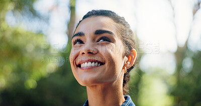 Buy stock photo Thinking, hiking and woman with nature, smile and contemplation with hobby, explore and travel. Outdoor, hiker and happy person in woods, vacation activity and sightseeing with environment and break