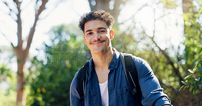 Buy stock photo Hiking, happy and portrait of man in nature with backpack for fun adventure, trekking and travel. Outdoor, fitness and person with smile for wellness, fresh air and exercise to explore outdoors