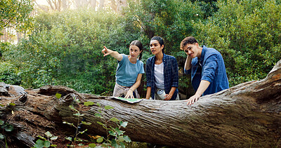 Buy stock photo Hiking, map and friends on mountain with paper for navigation, direction and location. Fitness, pointing and people in conversation with guide on adventure, journey and travel outdoors for trekking