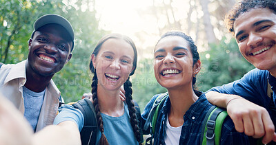 Buy stock photo Hiking, selfie and portrait of people in nature for adventure, trekking and backpacking on holiday. Mountain, friends and men and women take picture for social media, travel memory and photograph