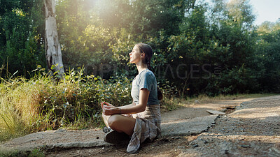 Buy stock photo Nature, travel and woman with meditation for zen, sunshine and wellness with yoga outdoor for calm. Mindfulness, peace and female yogi breathing in lotus pose, mental health and balance in forest