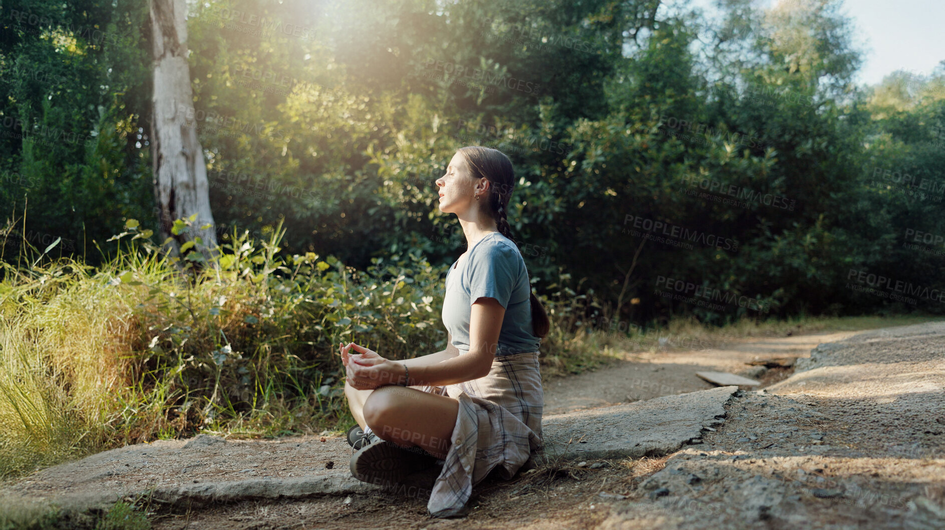 Buy stock photo Nature, travel and woman with meditation for zen, sunshine and wellness with yoga outdoor for calm. Mindfulness, peace and female yogi breathing in lotus pose, mental health and balance in forest
