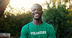 Volunteer, man and happy with portrait at park for green project, community service and environmental outreach. Sustainable NGO, black person and pride in nature for social responsibility or activism