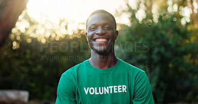 Buy stock photo Volunteer, man and happy with portrait at park for green project, community service and environmental outreach. Sustainable NGO, black person and pride in nature for social responsibility or activism