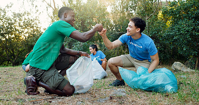 Buy stock photo People, fist bump and volunteer community in nature for eco friendly environment, success or mission outdoors. Group, friends and celebration in team building, unity or charity collaboration in park