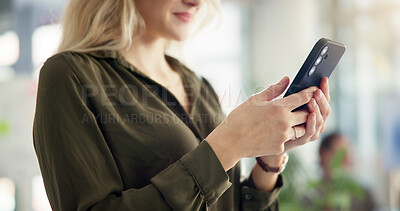 Buy stock photo Business, woman and hands with phone at work for online schedule, reading email or checking notifications. Professional, employee or smartphone at creative agency for website browsing or office break