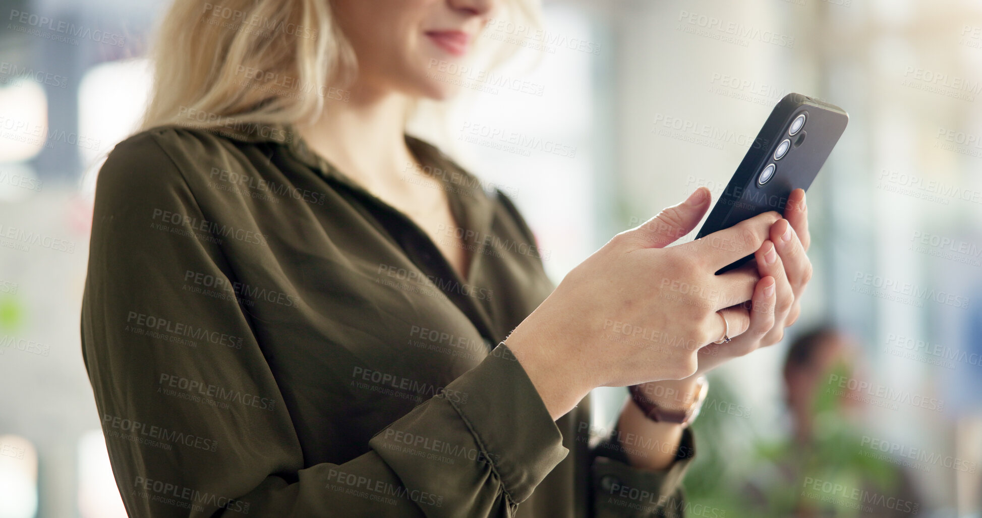 Buy stock photo Business, woman and hands with phone at work for online schedule, reading email or checking notifications. Professional, employee or smartphone at creative agency for website browsing or office break