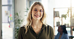 Creative, office and portrait of business woman with smile for confidence, pride and ambition. Professional, happy and person for copywriting agency, journalism and news editor for online magazine