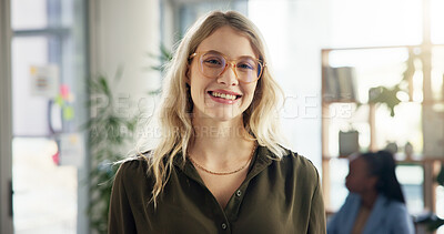 Buy stock photo Creative, office and portrait of business woman with smile for confidence, pride and ambition. Professional, happy and person for copywriting agency, journalism and news editor for online magazine