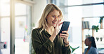 Business, woman and happy with phone in office for social media post, reading email and checking notifications. Creative, person and smartphone at digital agency for online browsing and website news
