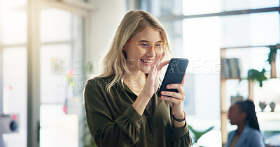 Buy stock photo Business, woman and happy with phone in office for social media post, reading email and checking notifications. Creative, person and smartphone at digital agency for online browsing and website news