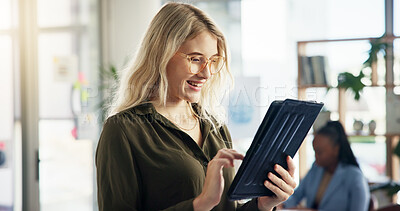 Buy stock photo Business, reading and tablet with editor woman in office for online magazine publication. App, creative and editing with happy employee in workplace for article approval or publishing schedule