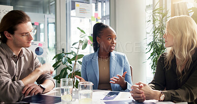 Buy stock photo Collaboration, data and meeting with business people in office for discussion or planning. Conversation, ideas and explain with employee team in corporate workplace for development or vision