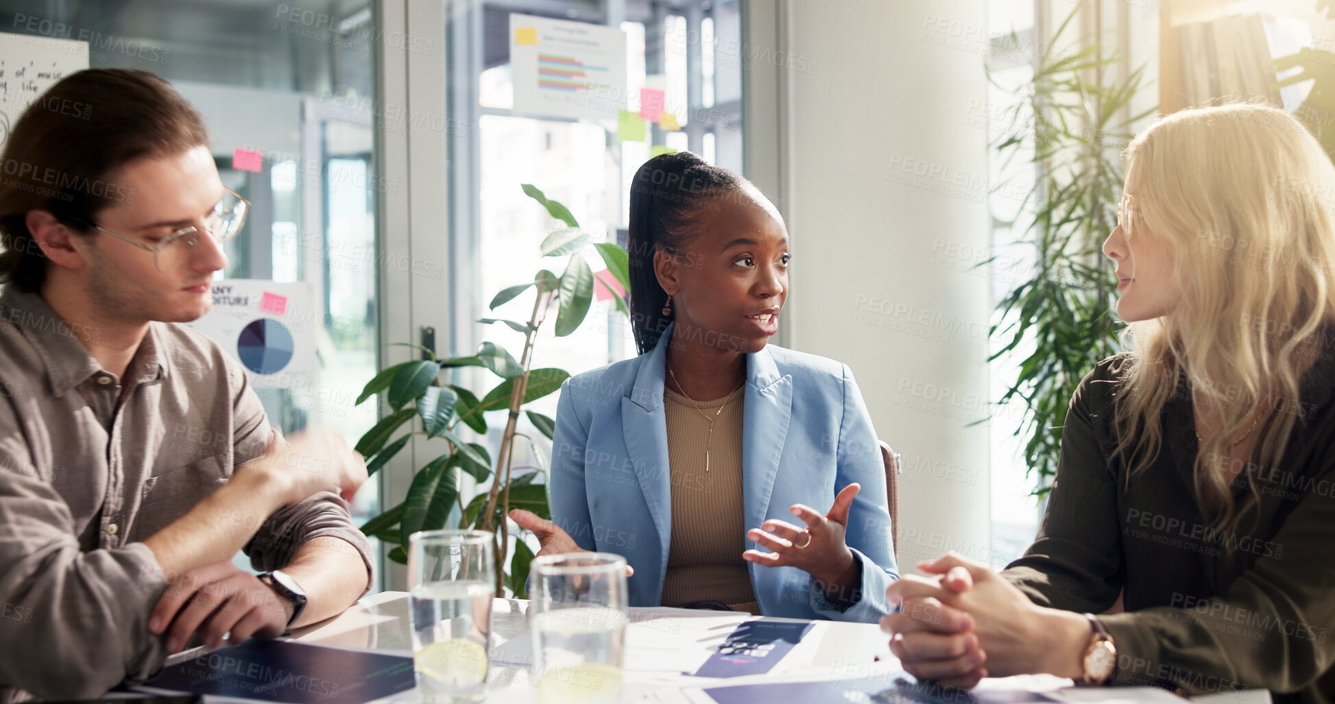 Buy stock photo Collaboration, data and meeting with business people in office for discussion or planning. Conversation, ideas and explain with employee team in corporate workplace for development or vision