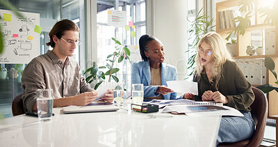Buy stock photo Documents, marketing strategy and meeting with business people in office for development or planning. Discussion, global reach and workflow with employee team in corporate workplace for collaboration