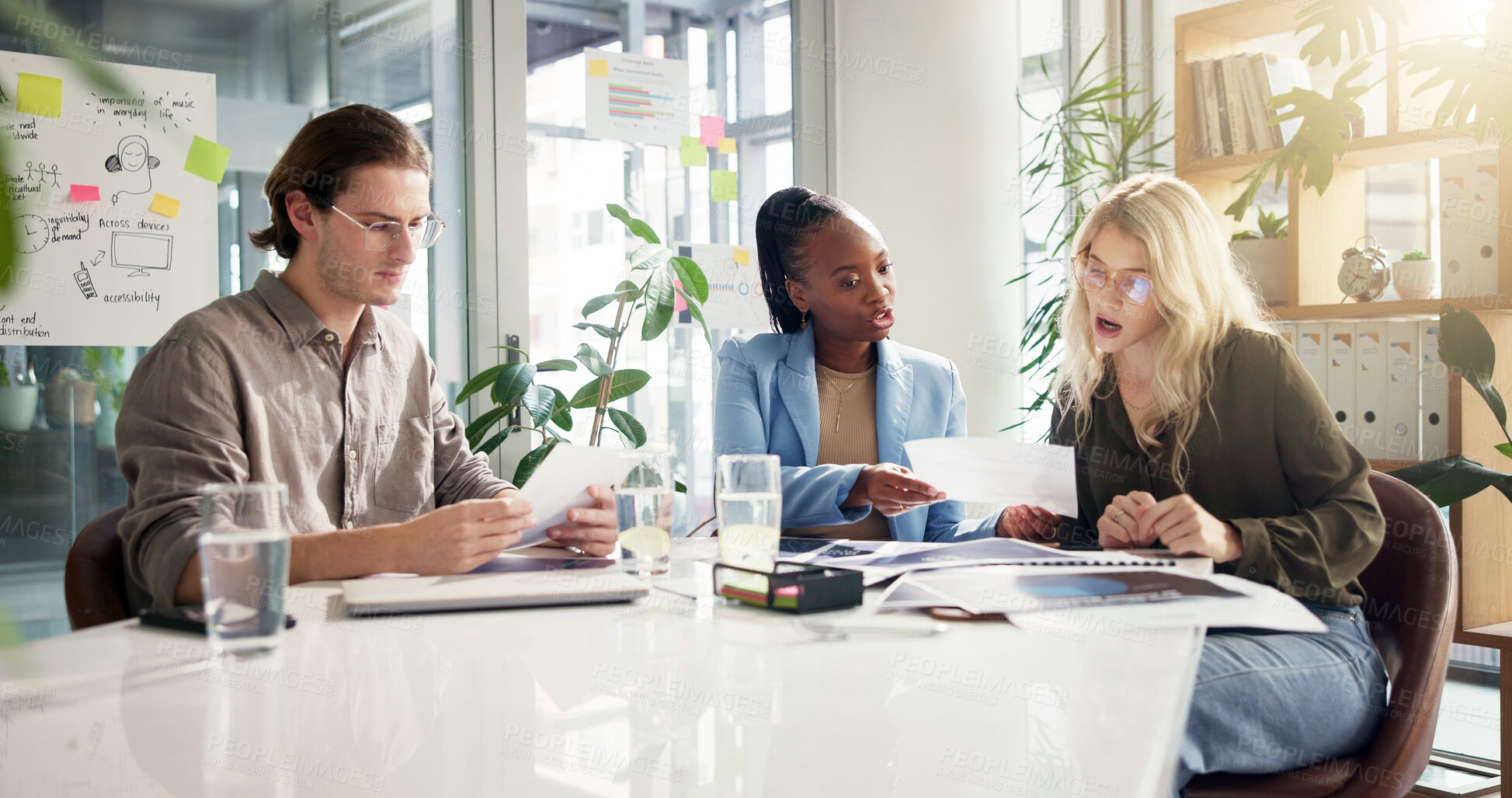 Buy stock photo Documents, marketing strategy and meeting with business people in office for development or planning. Discussion, global reach and workflow with employee team in corporate workplace for collaboration