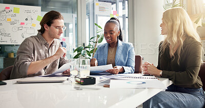 Buy stock photo Data, marketing strategy and meeting with business people in office for design discussion or planning. Collaboration, global reach or workflow with employee team in creative workplace for development
