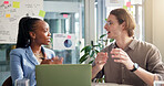 Teamwork, talking or people with charts or laptop for social media statistics or business meeting. Planning, SEO analysts or brainstorming for graphs report, subscription growth or online app review