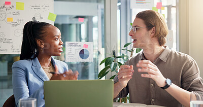 Buy stock photo Teamwork, talking or people with charts or laptop for social media statistics or business meeting. Planning, SEO analysts or brainstorming for graphs report, subscription growth or online app review