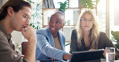 Buy stock photo Meeting, tablet and business people in office, brainstorming and review budget with ad agency. Employees, sales consultant and group in workplace, tech and email for proposal, app and cooperation