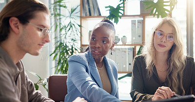 Buy stock photo Project, discussion or people with teamwork or laptop for social media marketing or business meeting. Research, SEO analysts or technology for reading report, subscription growth or online app review