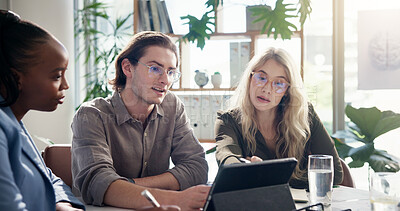 Buy stock photo Meeting, tablet and business people in office, conversation and editing team with online schedule. Planning, publishing company and group with feedback, tech and email for proposal and review budget