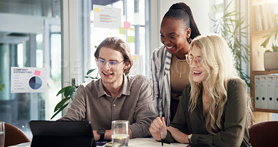 Buy stock photo Meeting, tablet and business people in office, happy and ad agency with approval for proposal. Employees, sales consultant or group in workplace, tech or email with positive review or profit growth