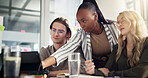 Meeting, tablet and business people in office, coaching and ad agency with feedback for project. Help, sales consultant and group in workplace, tech and email for proposal, review budget or support